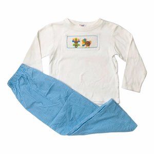 B11-Silly Goose, 4Y, l/s cotton knit smock tee + pant set Thanksgiving Turkey